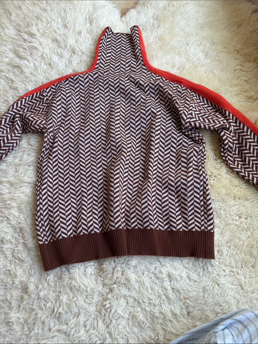 Brown and White Patterned Women’s Sweater with Orange Trim